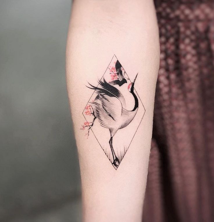 Colorful tattoo of a crane on the forearm for women