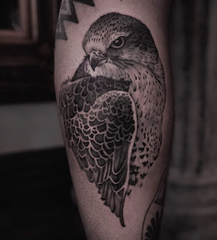 Large falcon tattoo on the leg for men