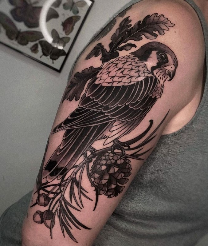 Large falcon tattoo on the shoulder for men