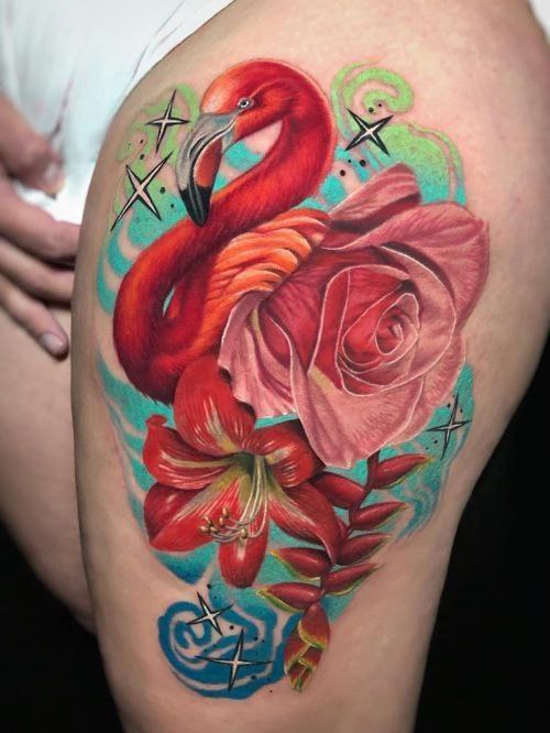 Color flamingo and flowers tattoo on the thigh for women