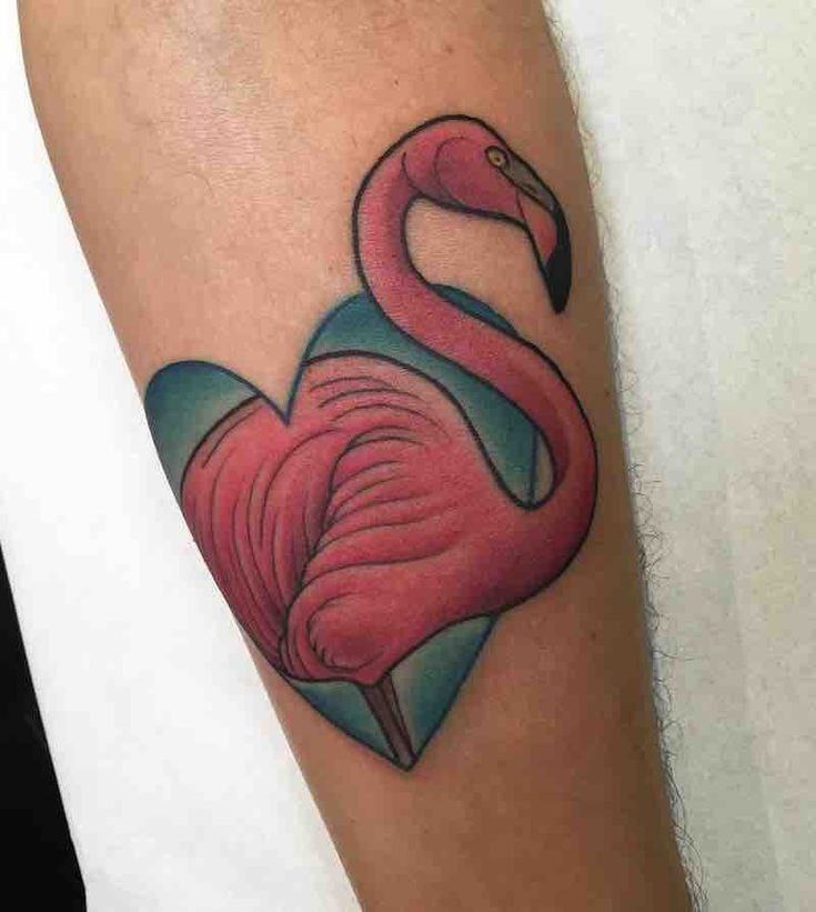 Color flamingo tattoo on the arm for women