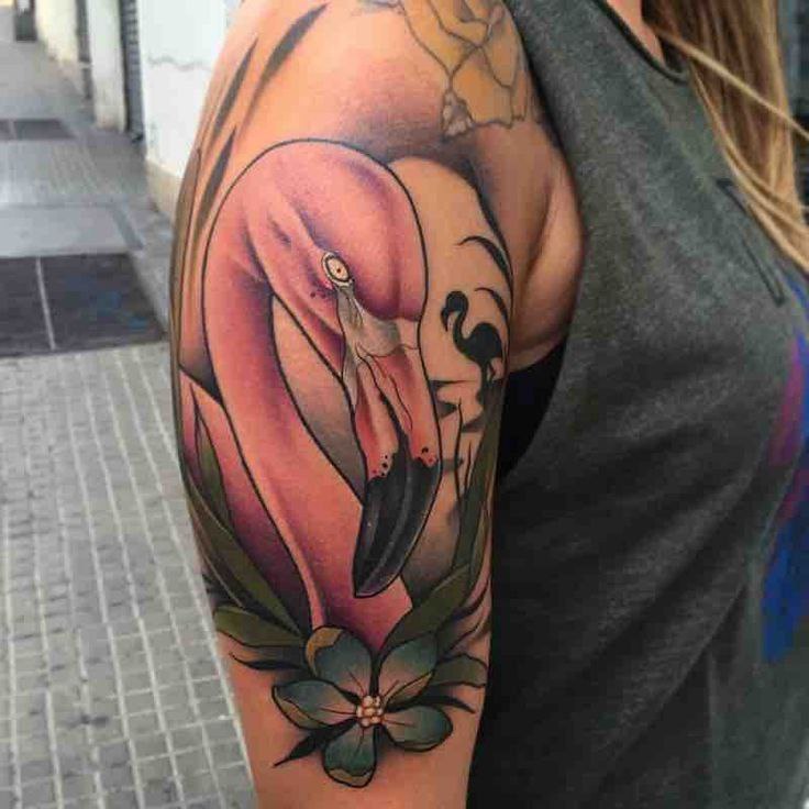 Large flamingo tattoo on the shoulder for women