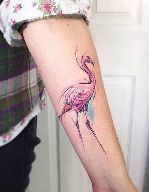 Color flamingo tattoo on the arm for men