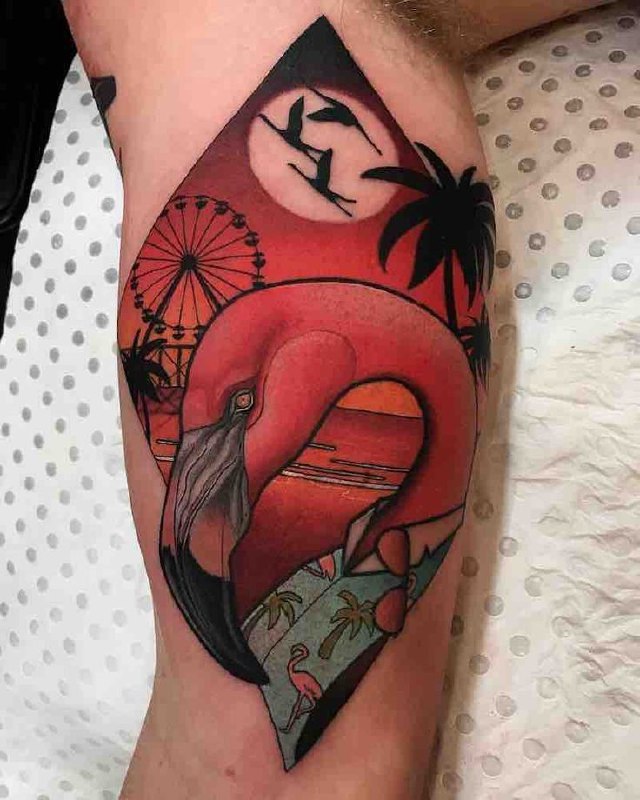 Large flamingo tattoo on the shoulder for women