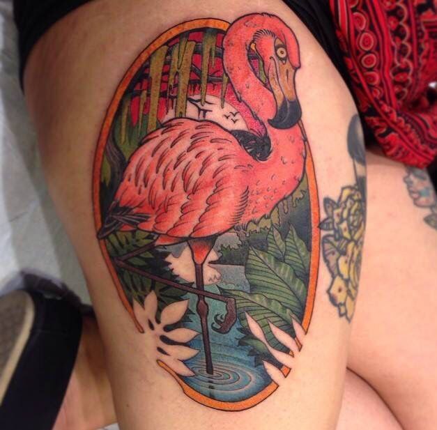 Color flamingo tattoo on the hip for women