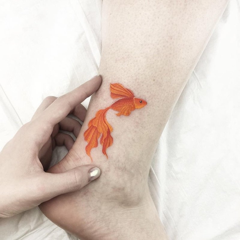 Color goldfish ankle tattoo for women