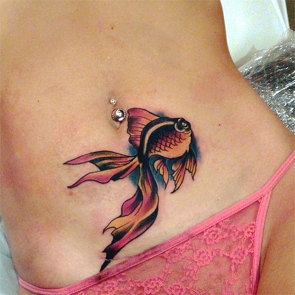 Colored goldfish tattoo on the stomach for women