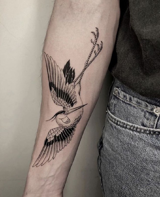 Large stork tattoo on the forearm for women