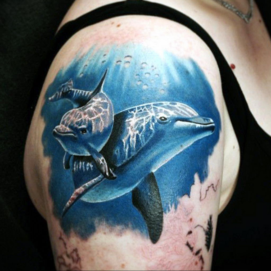 Large tattoo of two dolphins on the shoulder for men