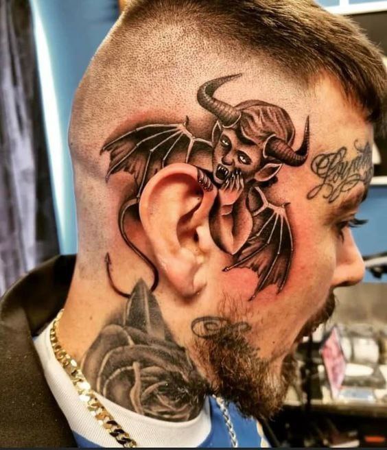 Devil tattoo on the head for men