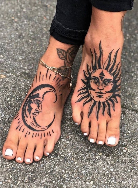 Ankle sun and moon tattoo for women