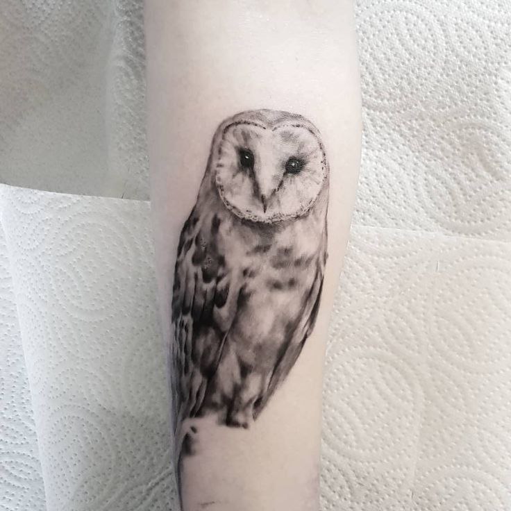 Large owl tattoo on the arm for women