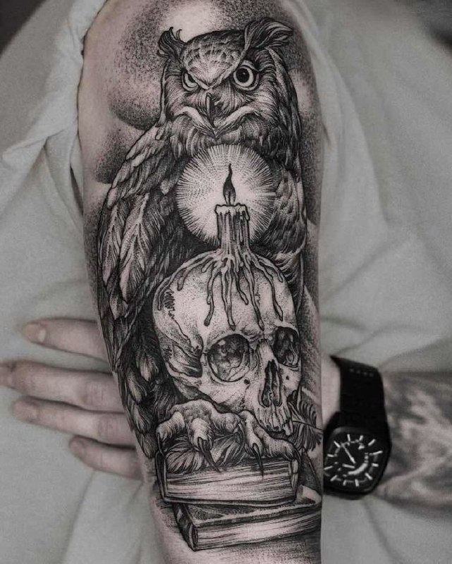 Large owl and skull tattoo on the shoulder for men