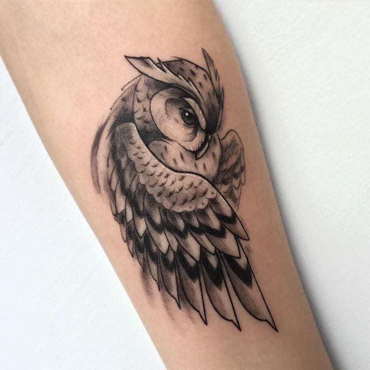 Large owl tattoo on the forearm for men