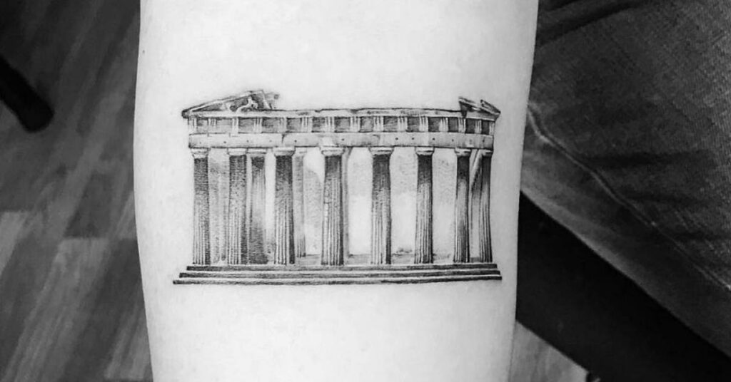 Large greek-style acropolis tattoo on the forearm for men