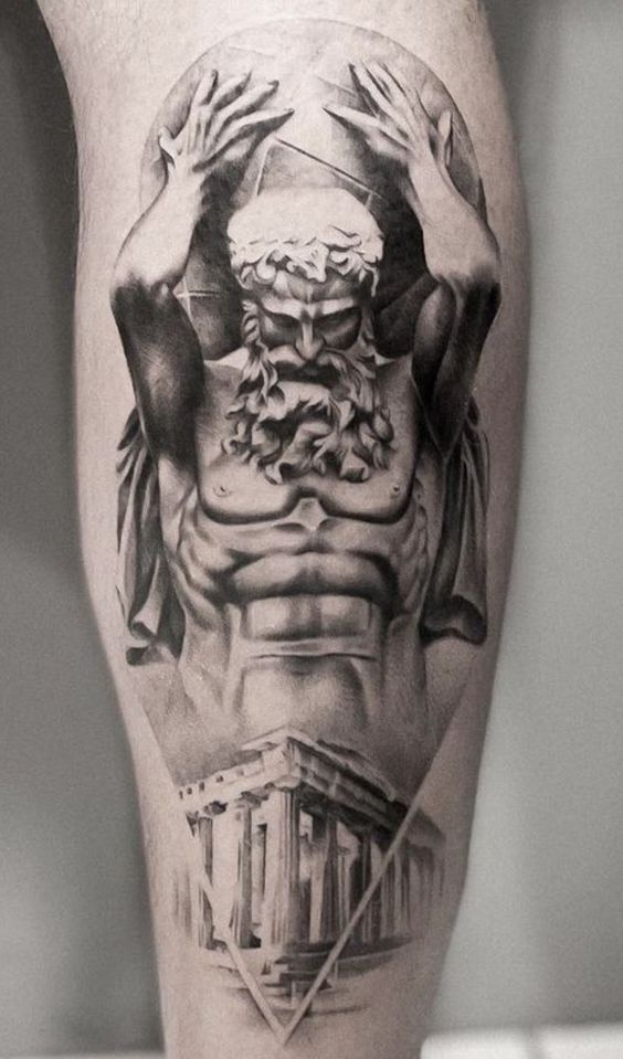 Greek-style tattoo on the calf for men