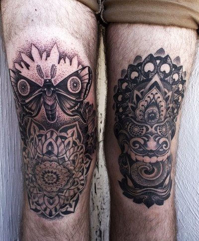 Large flower tattoo on the knee for men