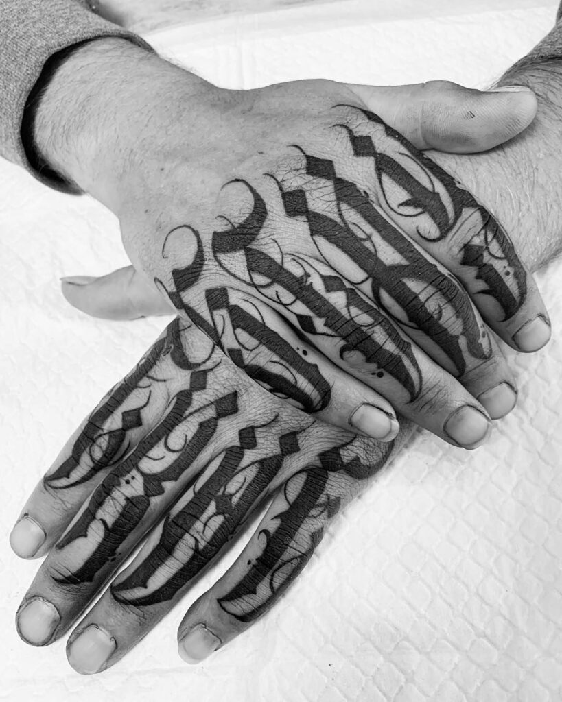 Calligraphy tattoo on fingers for men