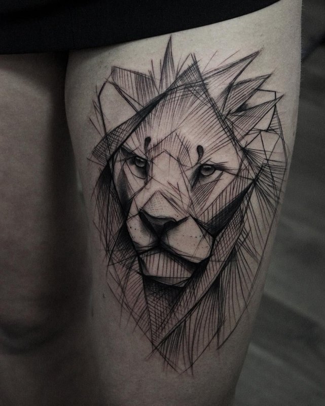 Large graphic style lion tattoo on the thigh for men