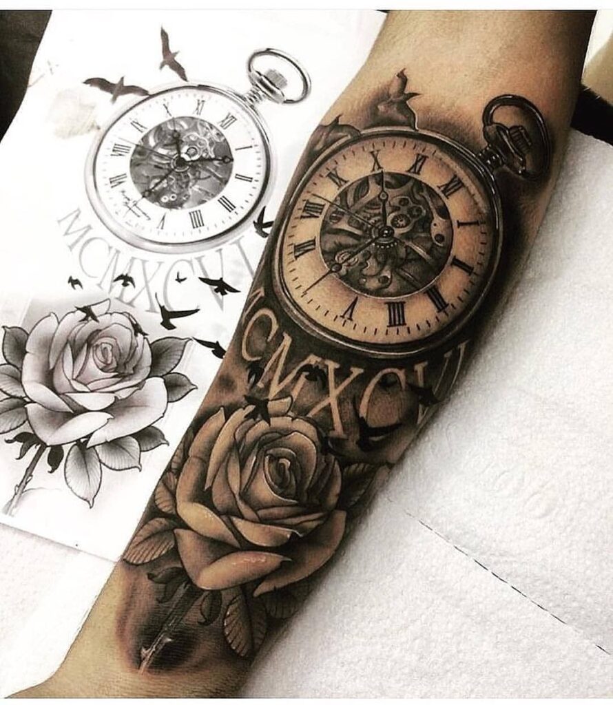 Large rose and clock tattoo on the arm for women