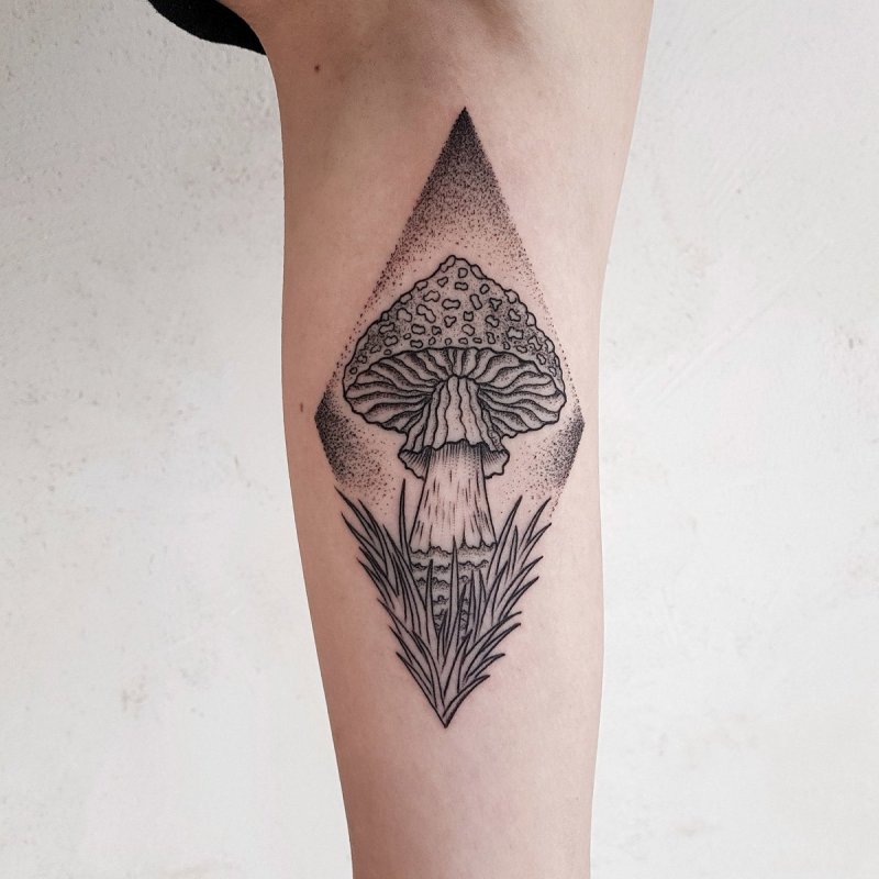 Dotwork mushroom tattoo on the arm for men