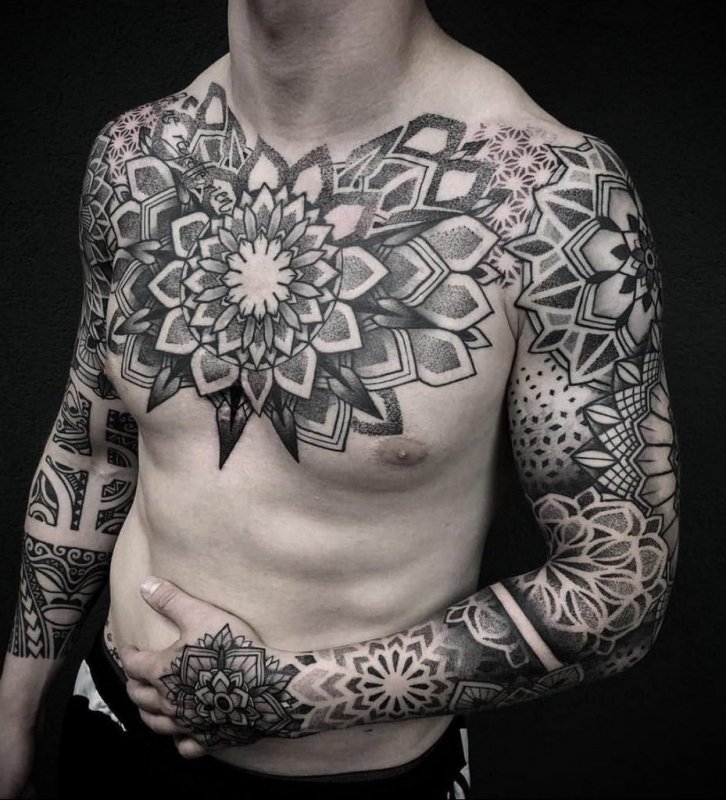 Large in dotwork chest tattoo for men