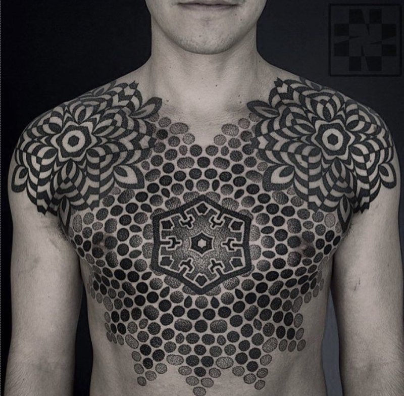 Large dotwork chest tattoo for men