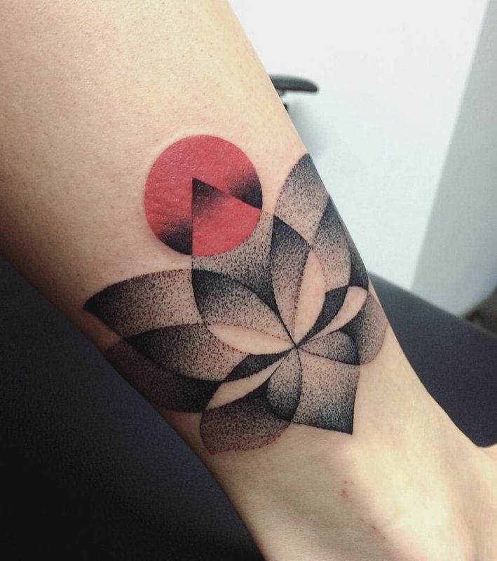 Colored dotwork tattoo on the shin for men