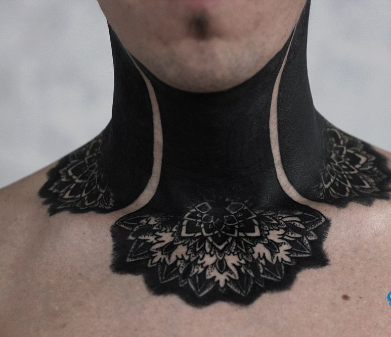 Blackwork neck tattoo for men