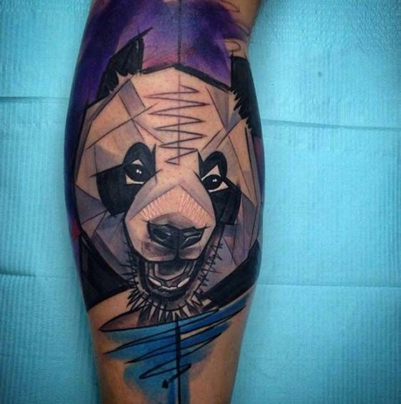 Art brut panda tattoo on calf for men