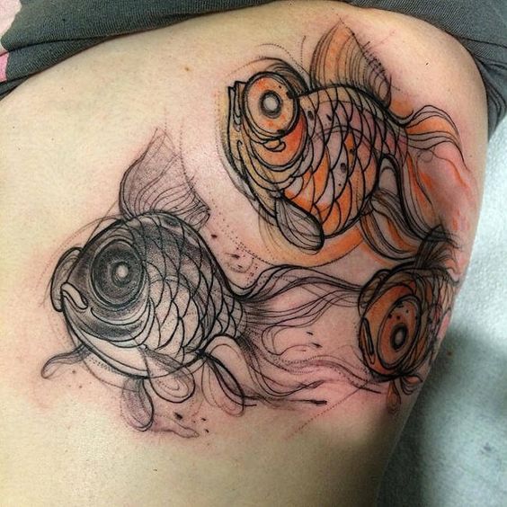 Tattoo of two fish in art-brut style on the side for women