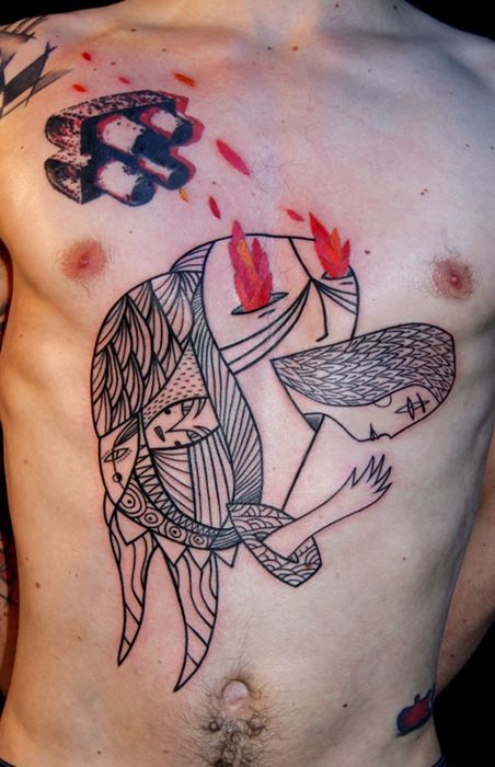 Art brut tattoo on the stomach for men