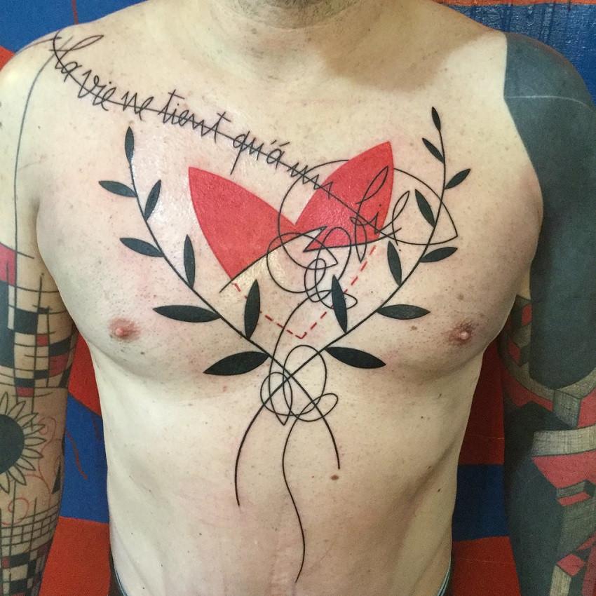 Art brut style tattoo on the chest for men