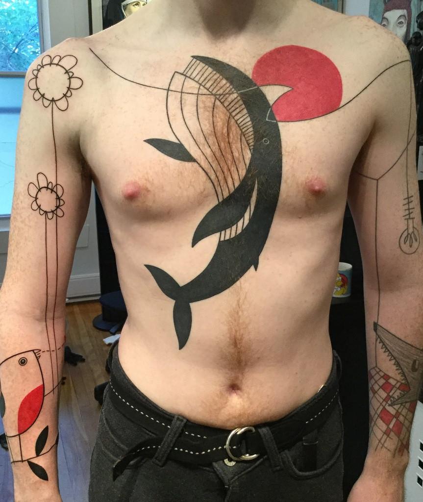 Art brut whale tattoo on the chest for men