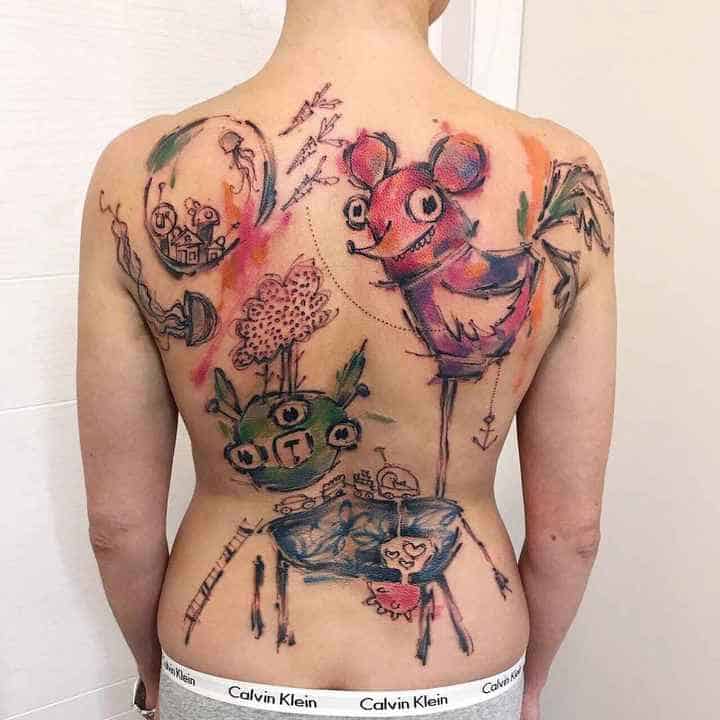 Art brut style tattoo on the back for men