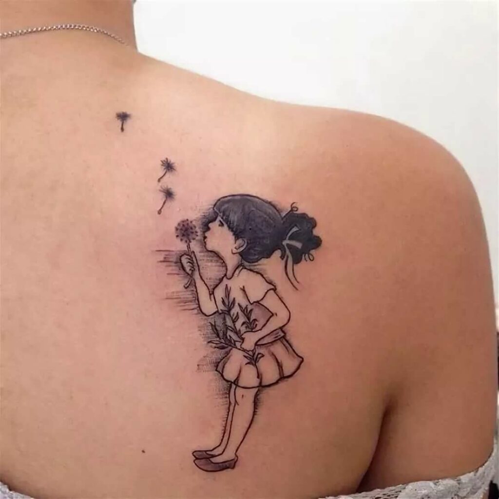 Tattoo of a girl on the shoulder blade for women