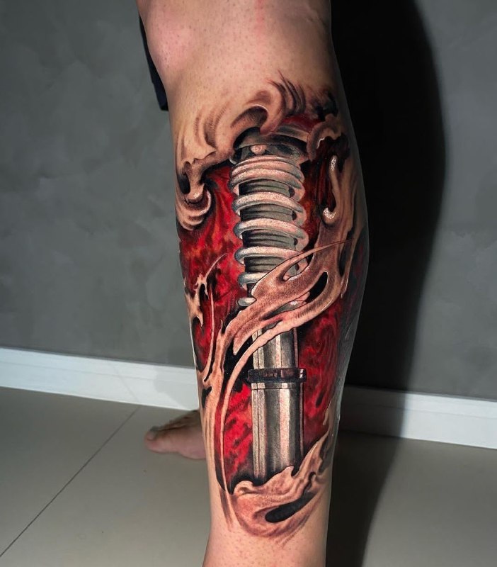 Colored biomechanics style tattoo on the shin for men