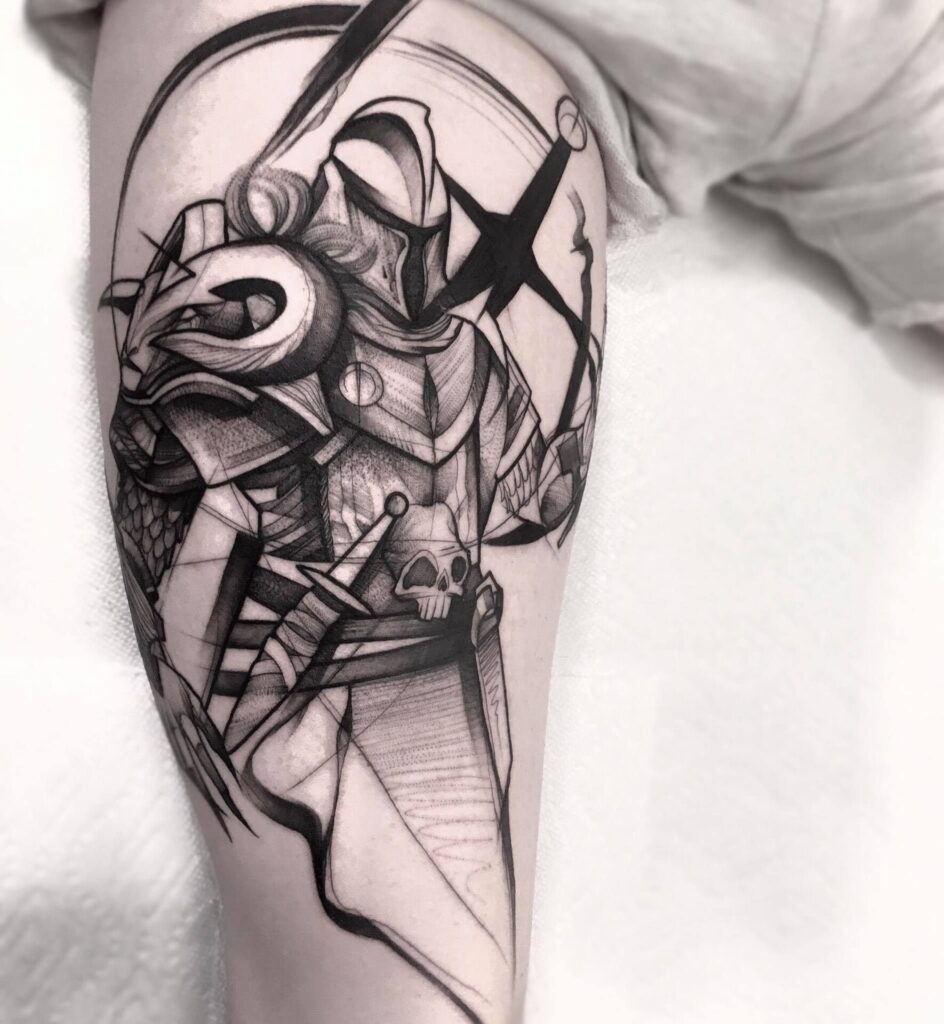 Spartan tattoo on the thigh for men