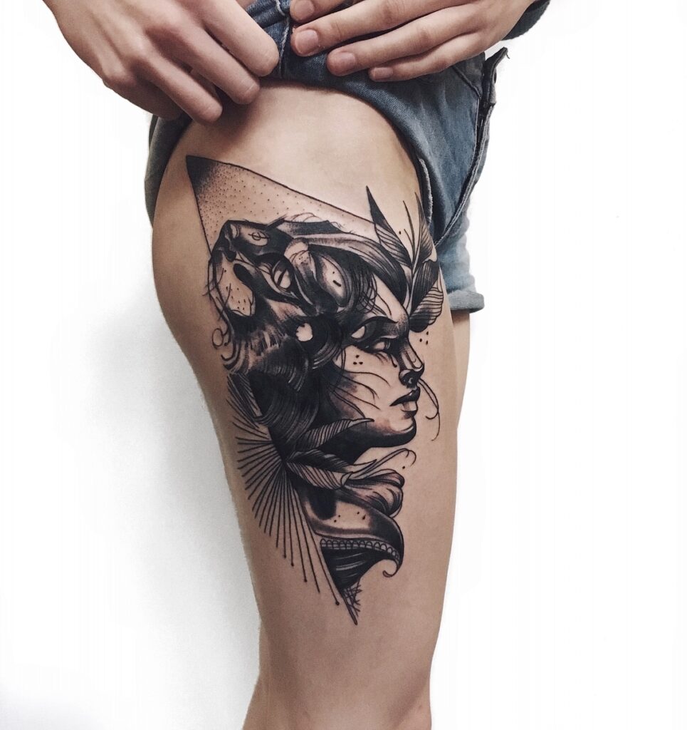 Tattoo of a girl on the hip for women