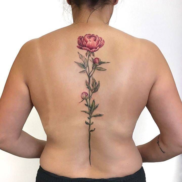 Colored peony tattoo on the spine for women