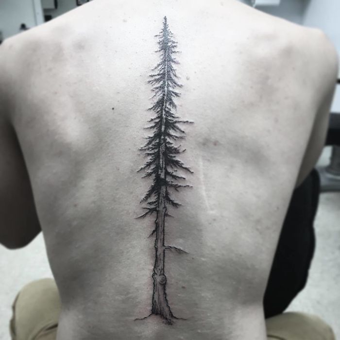 Christmas tree tattoo on the spine for men