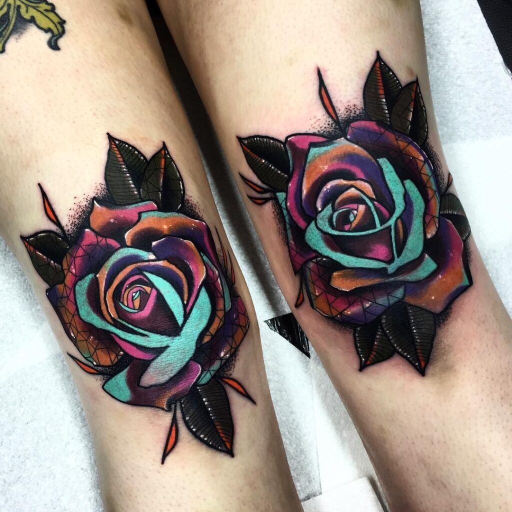 Colorful rose tattoo on the knees for women