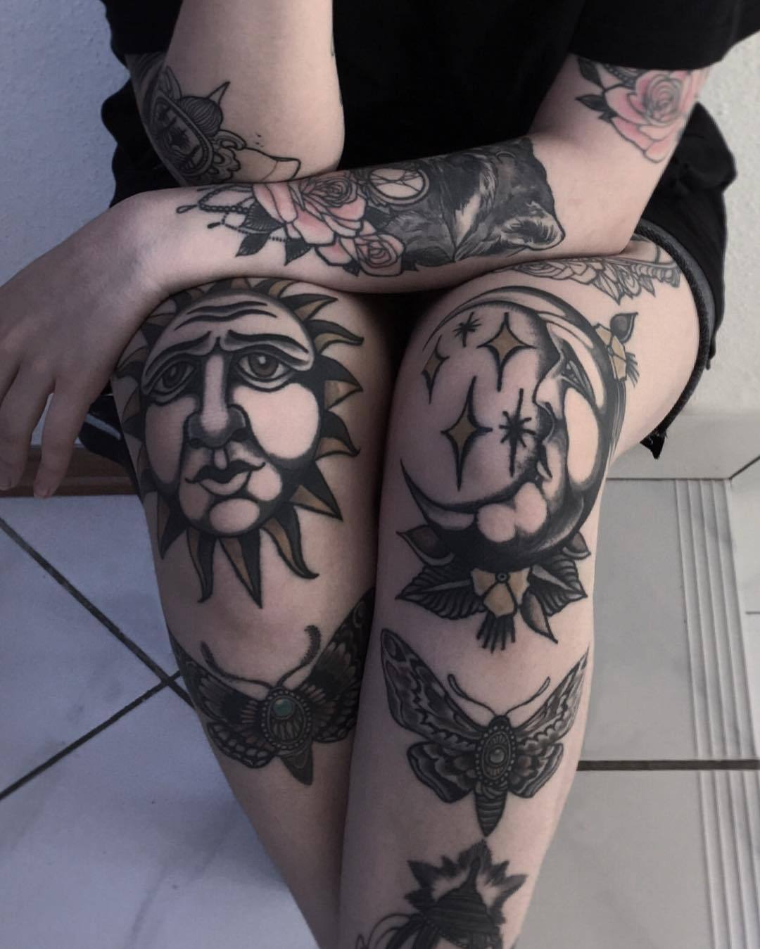 Large sun and moon tattoo on the knees for women