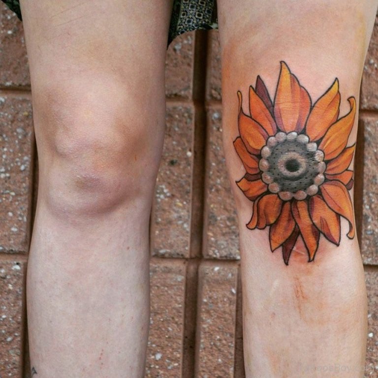 Colorful sunflower tattoo on the knee for women