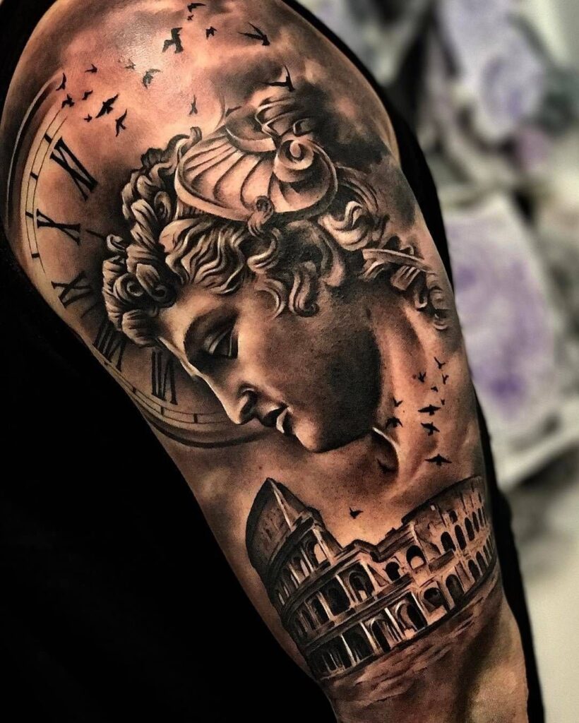 Large greek-style tattoo on the shoulder for men