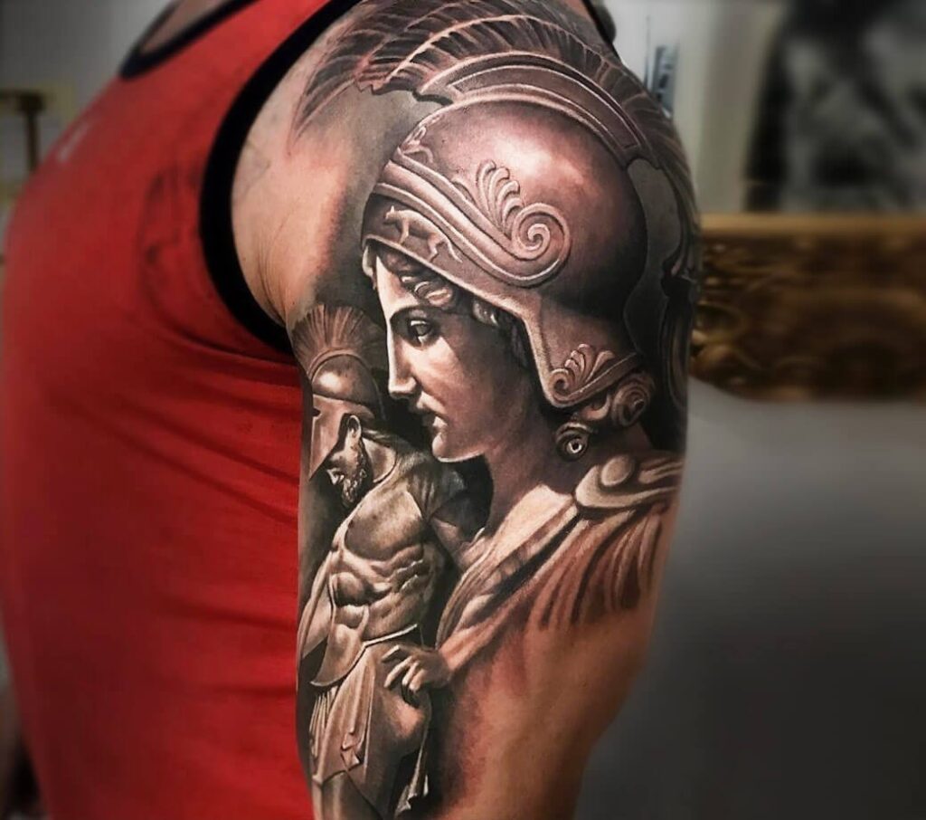 Greek-style tattoo on the shoulder for men