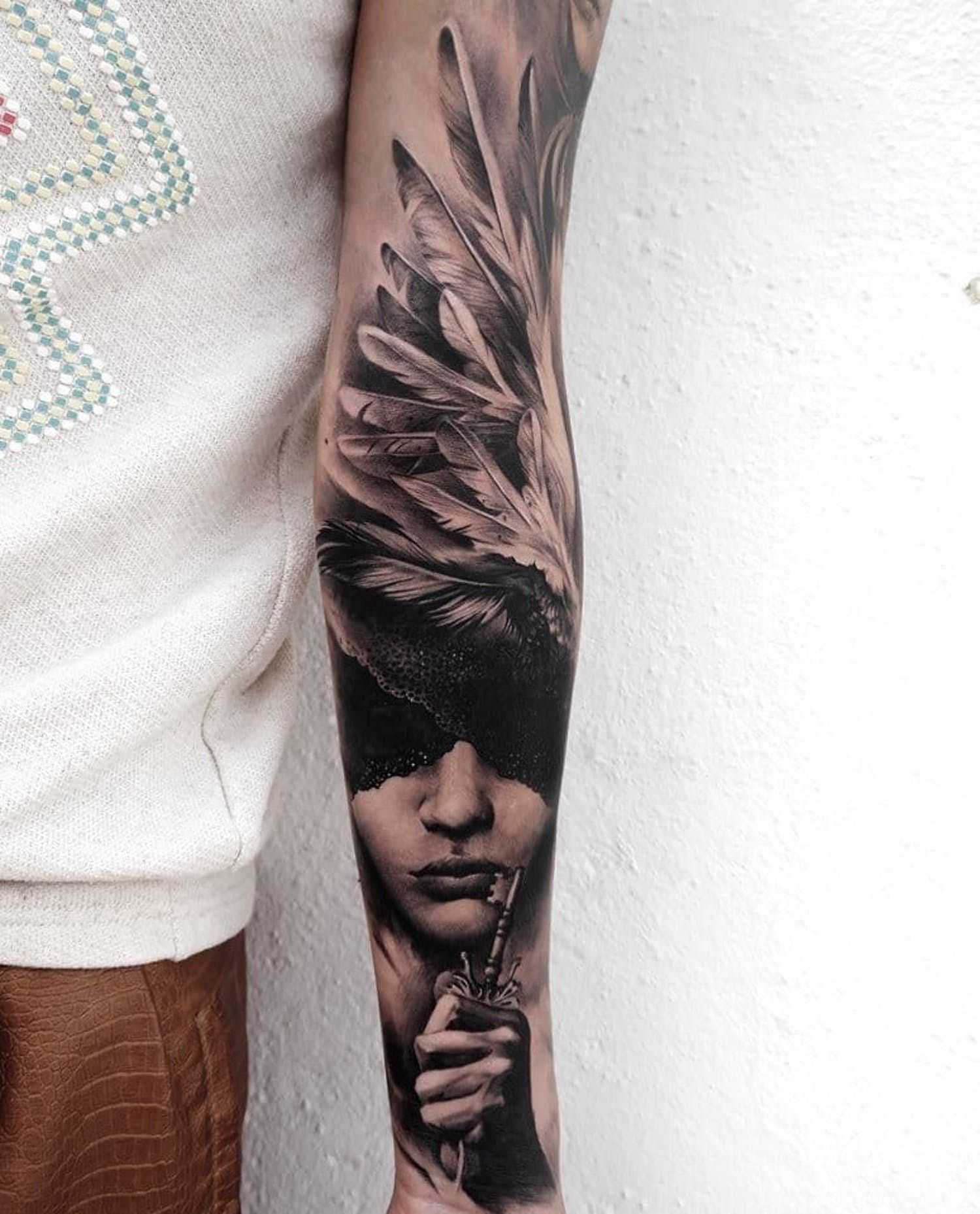 Large tattoo of a girl on the forearm for men