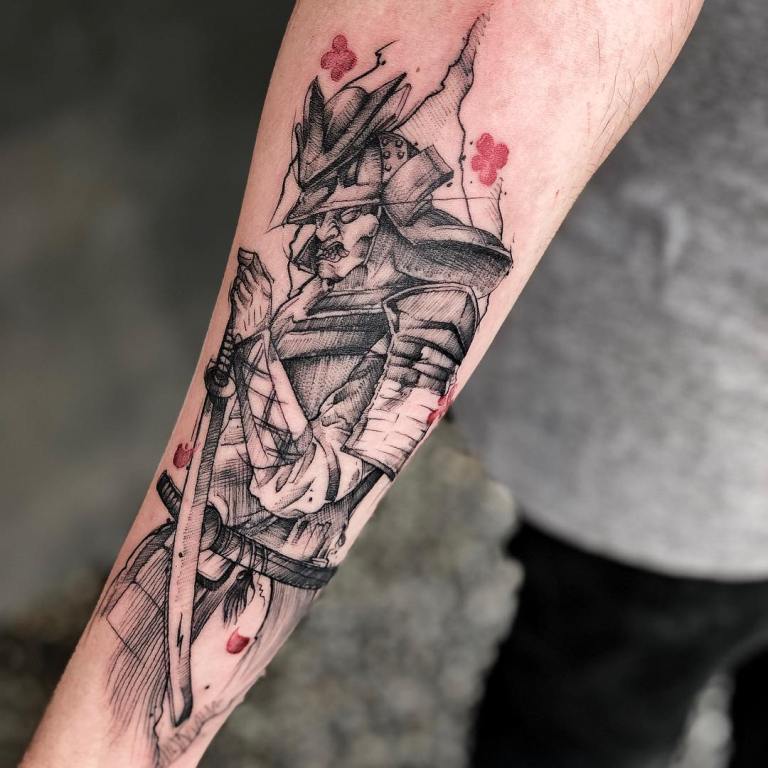 Large samurai tattoo on the forearm for men