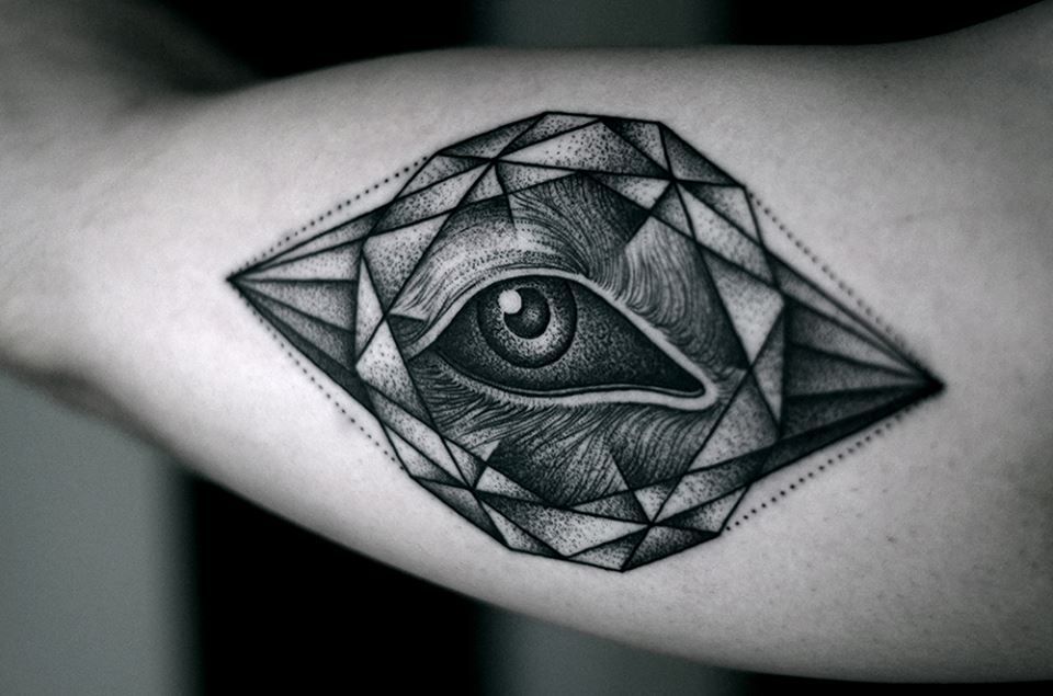 Tattoo of an eye in dotwork style on the arm for men