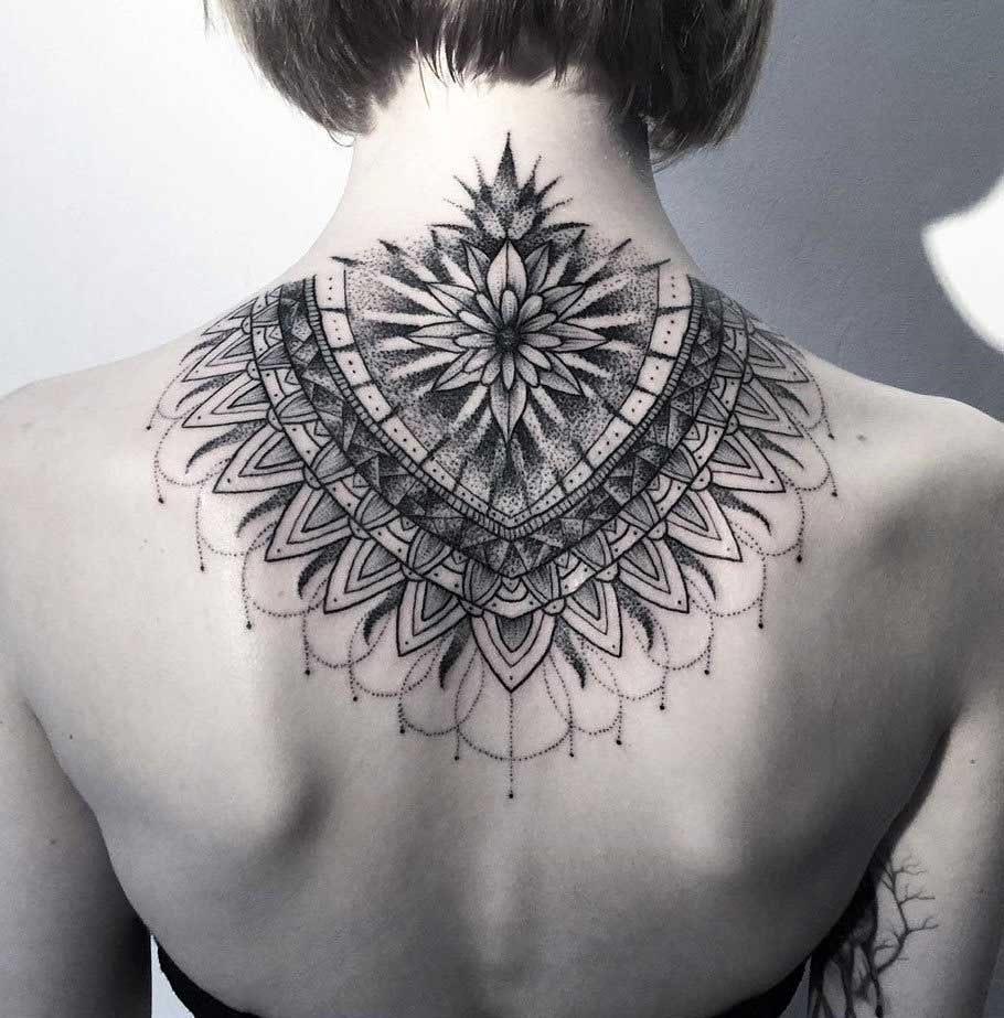 Dotwork tattoo on the back for women